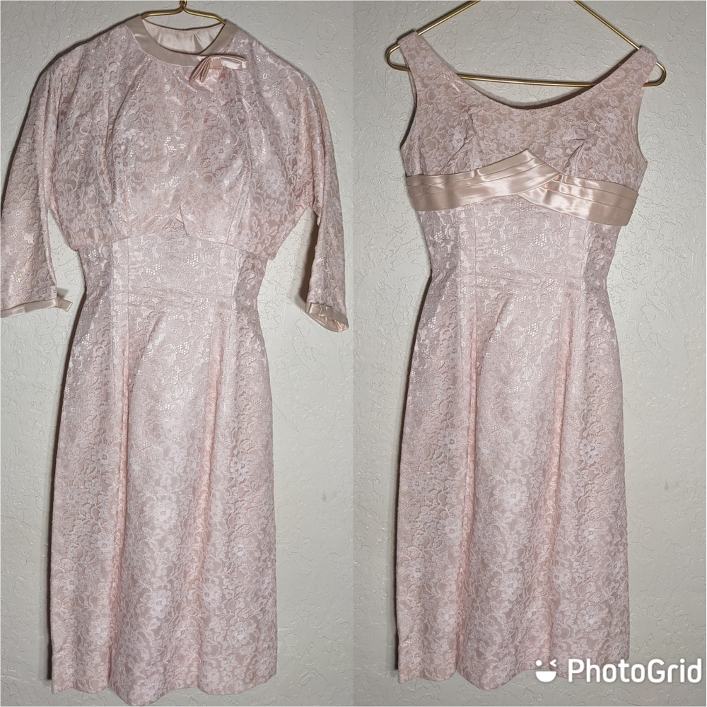 Vtg 50s Dress Sz 9 24in Waist Pink Lace Satin Bow Crop Bolero Jacket Croquette